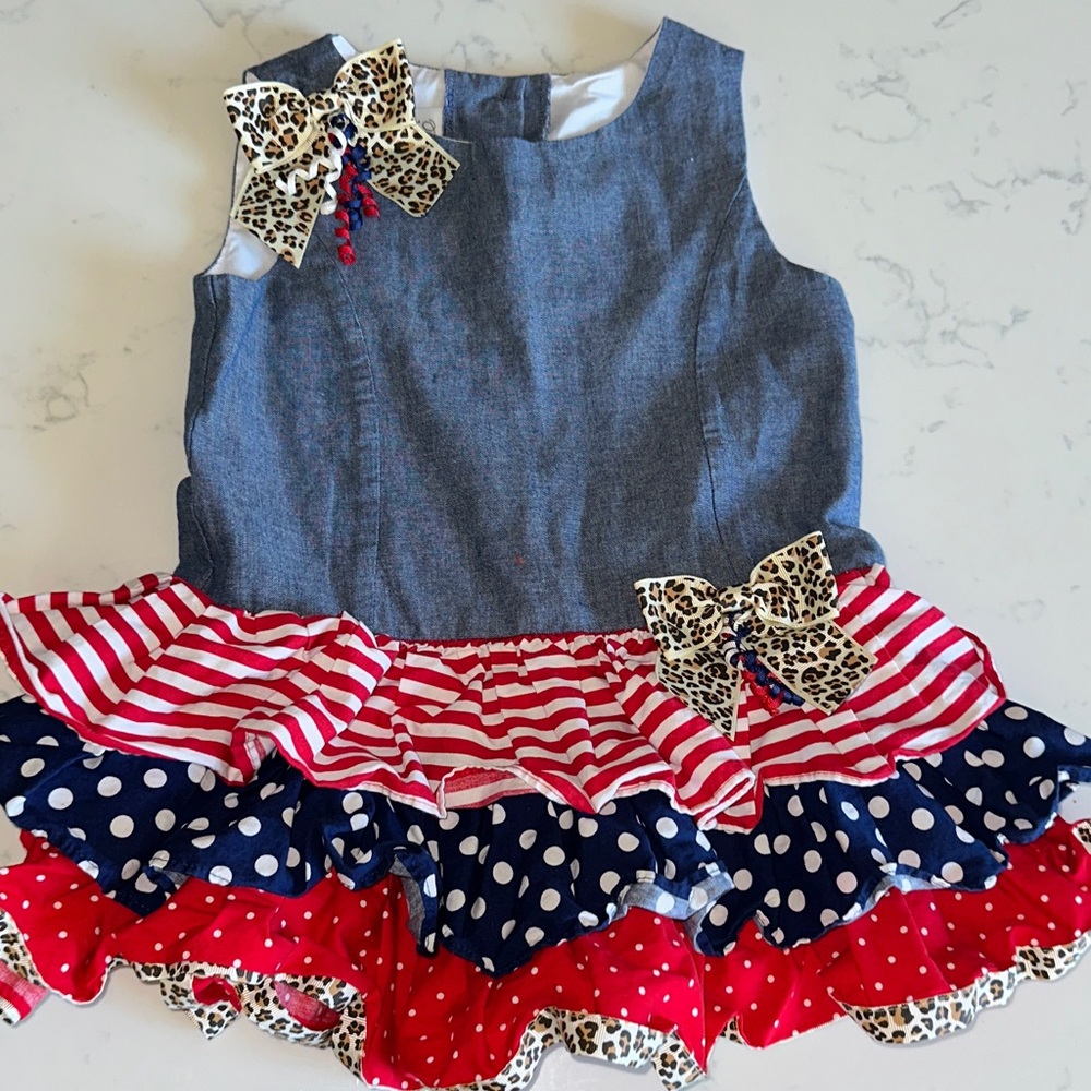 Bonnie Jean Chambray Dress Leopard July 4th Red white blue Americana ruffles